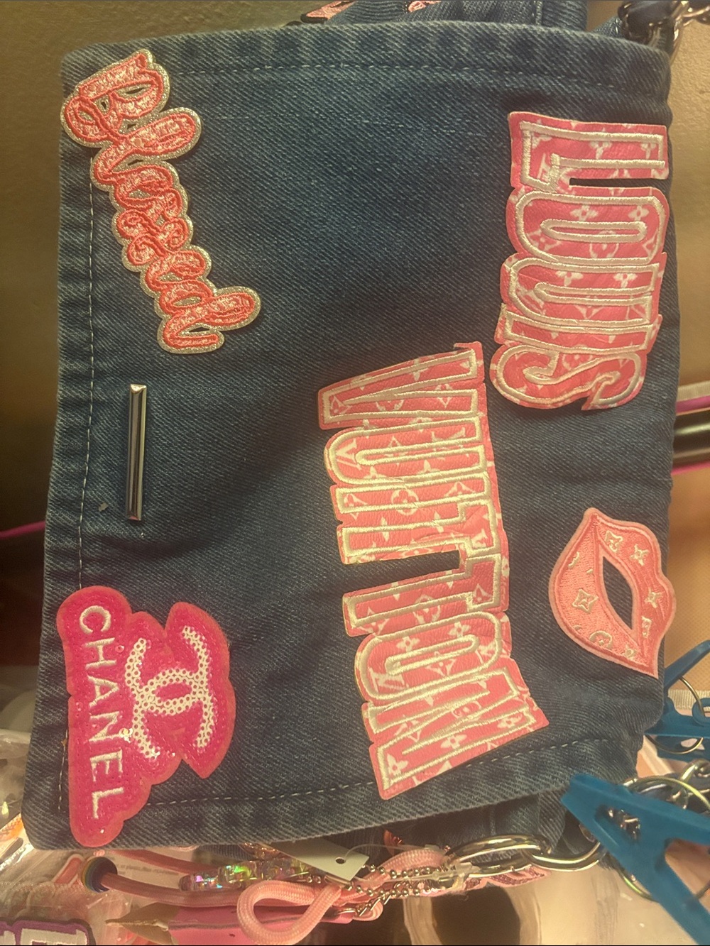 Hand Crafted Denim Crossbody Bag with Pink Accents